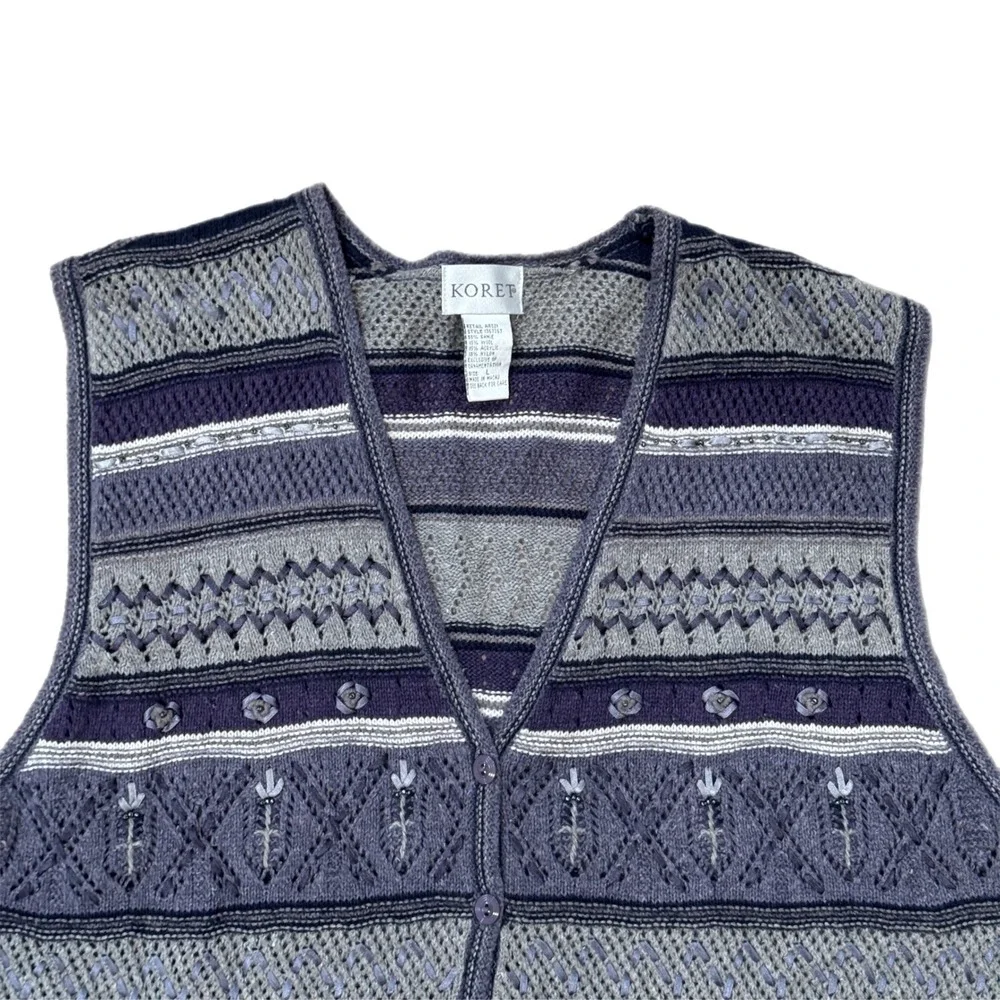 Vintage Koret Sweater Vest Floral Knit Patterned Purple Women's Medium
